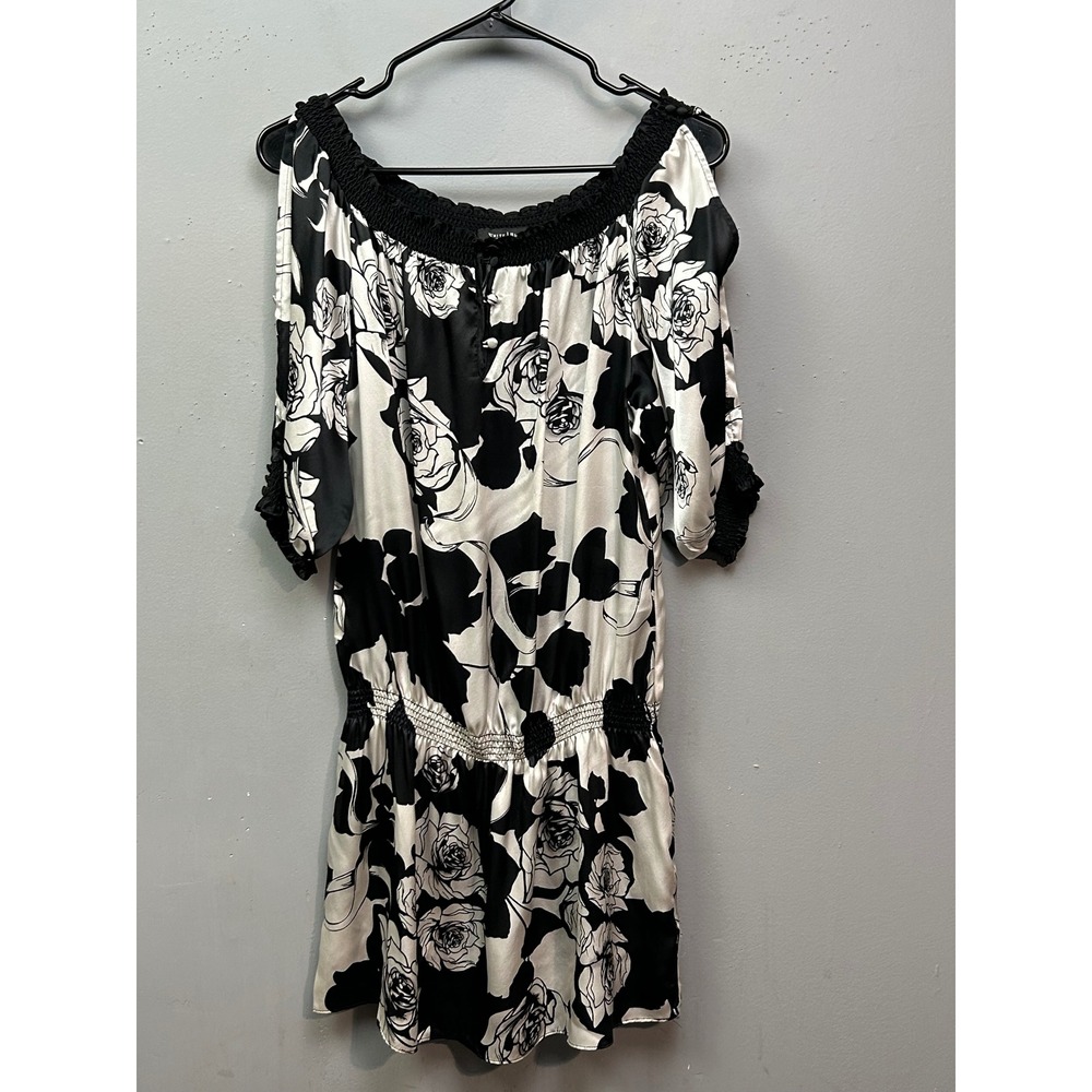 White House‎ Black Market Silk Off Shoulder Rose Print Smocked Waist Dress M
